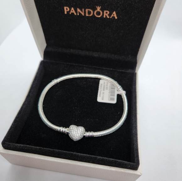 Pandora Moments Sparkling Heart Crown Claps Snake Chain Bracelet Size 7.9 inches - Picture 3 of 9